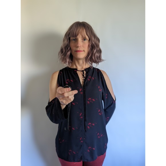 LOFT floral print cold shoulder. Long sleeve tie neck blouse, Navy & Red. sz M - Picture 6 of 12